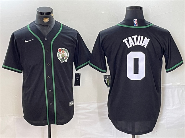 Men's Boston Celtics #0 Jayson Tatum Black With Patch Stitched Baseball Jersey